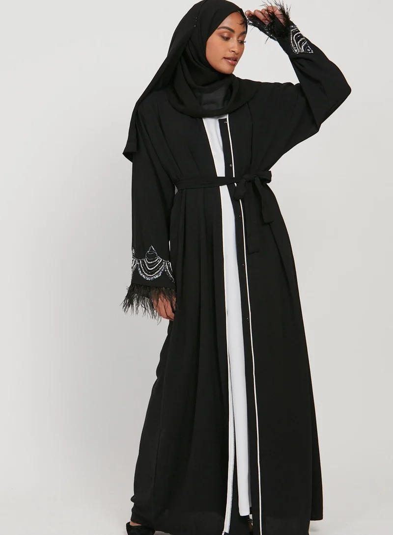 NUKHBAA  Elegant Black plain abaya wityh belt and Hijab-N243A for Women | Best Price UAE